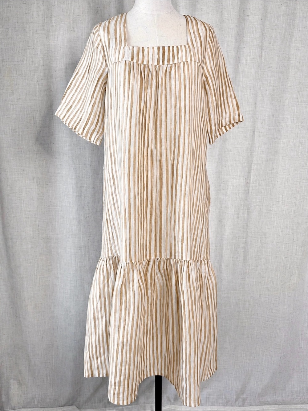 All That Remains Limited Edition Linen Stripe Drop Waist Midi Dress Tan Ivory 8